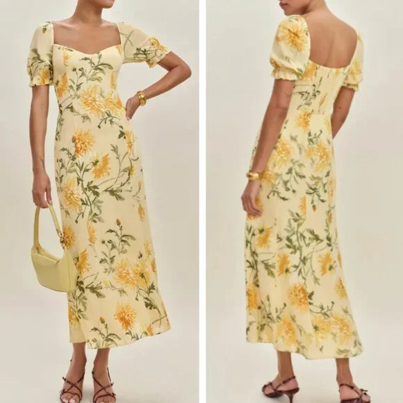 Reformation Gloria Midi Dress Size 2 Honeyglow Yellow Floral - Picture 2 of 13